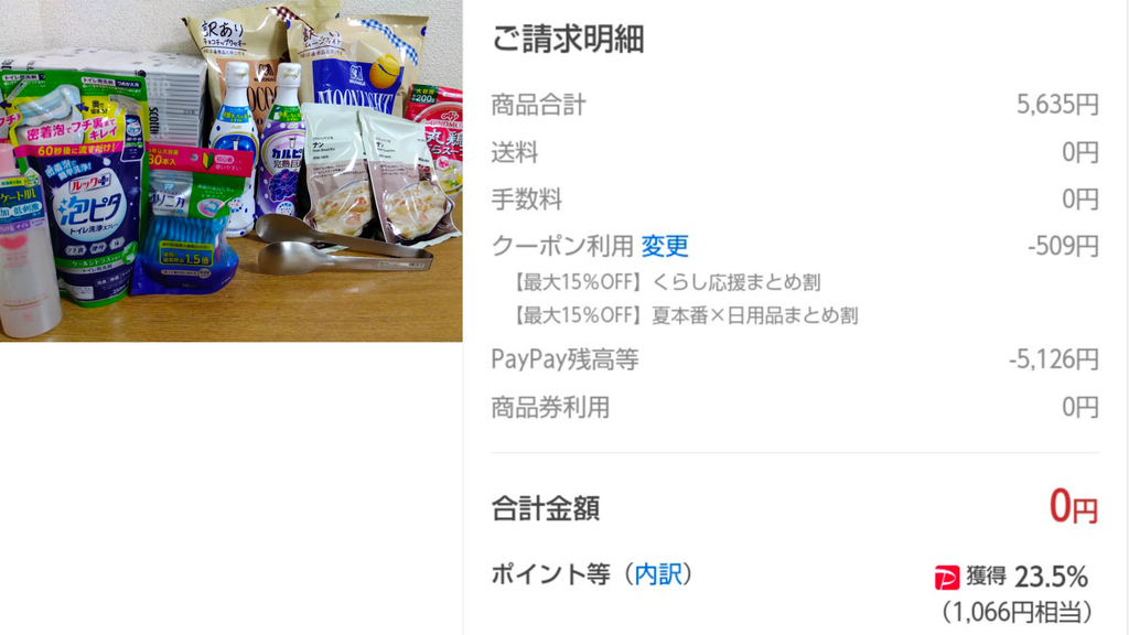 LOHACOの注文明細。まとめ割とPayPay残高を併用して合計0円、23.5%還元になった実例