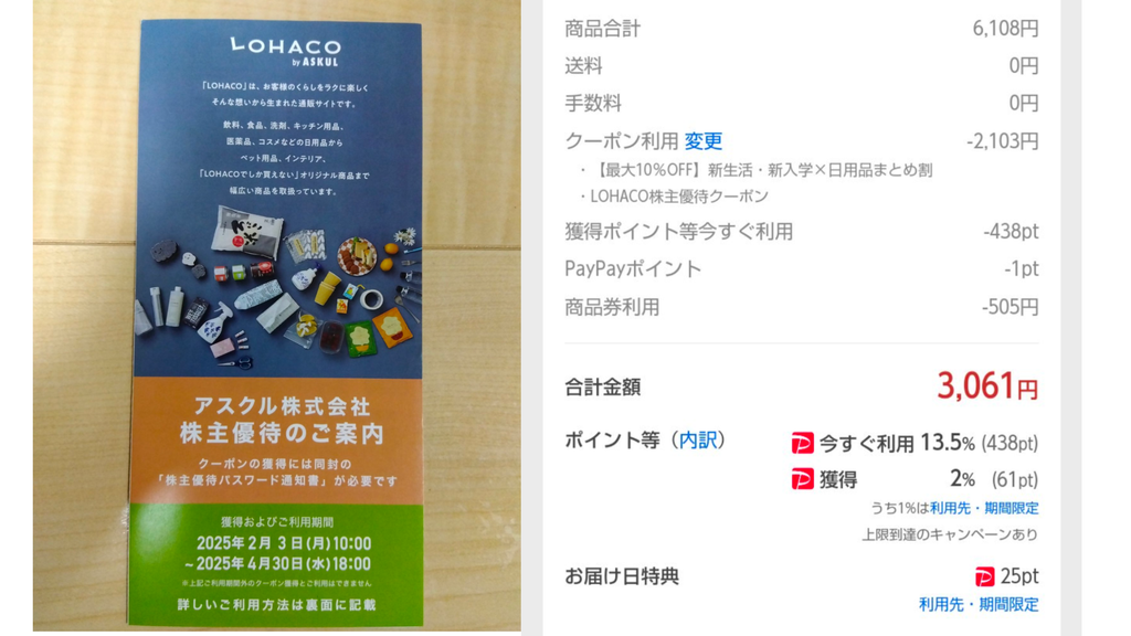 LOHACOの注文明細。アスクル株主優待クーポンとポイント還元を併用した実例