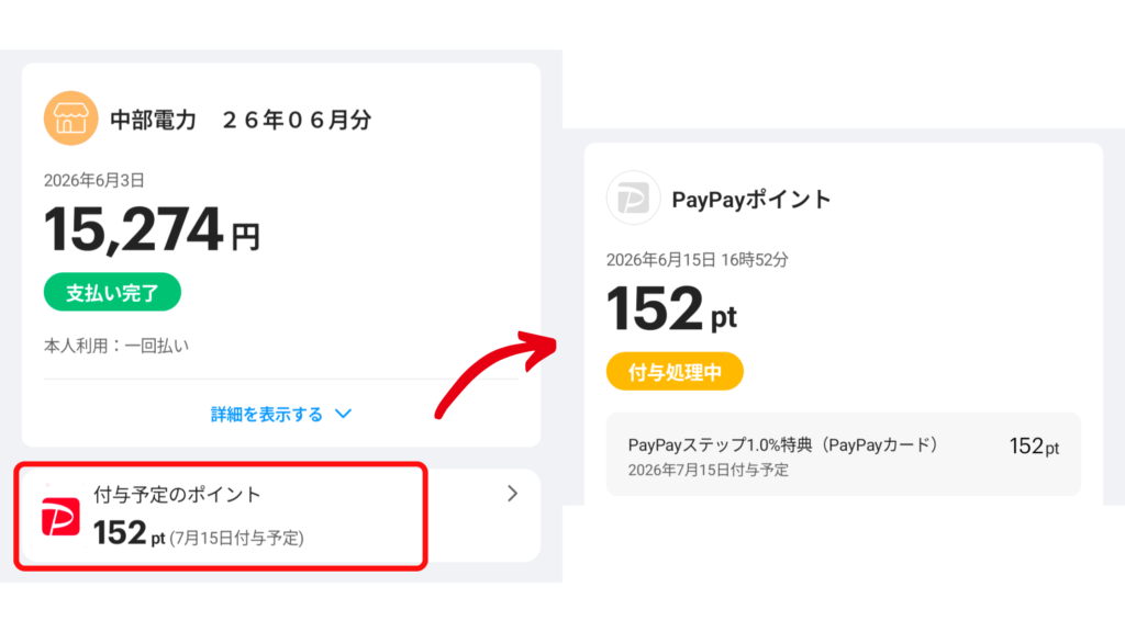 PayPayカードで公共料金を支払った際の1%還元の証拠（200円につき2pt）